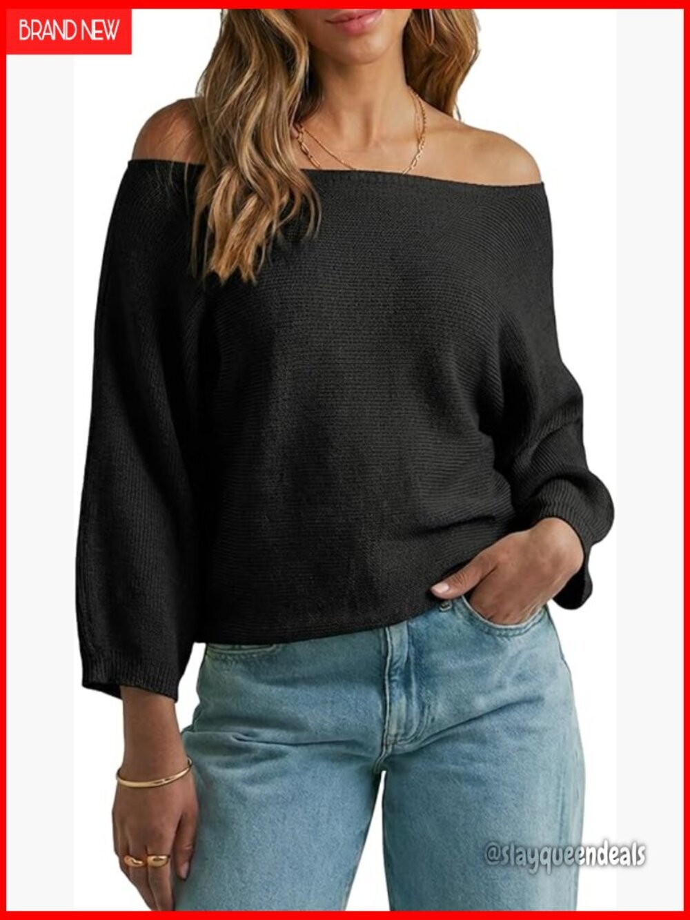 Off Shoulder Poncho Sweater 3/4 Sleeve Loose Knit Pullover Top